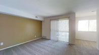 This single-floor residential space offers a straightforward and functional layout designed for comfortable everyday living. The main living area is finished with wall-to-wall carpeting in a neutral tone, providing a soft and cohesive foundation throughout the room. A prominent feature of the space is the full-height sliding glass door dressed with vertical blinds, which serves as both a source of abundant natural light and a direct point of access to the outdoors. The warm, golden-toned accent wall adds a subtle visual contrast against the surrounding neutral walls and white ceiling, lending a touch of character to the otherwise clean and understated interior. Ceiling-integrated HVAC vents ensure efficient climate control throughout the space, while baseboard registers along the walls provide additional comfort. The open feel of the living area, combined with the generous light filtering in through the sliding door, creates a bright and airy atmosphere. The overall design is simple and versatile, offering a blank canvas well-suited to a variety of furnishing styles and personal preferences.