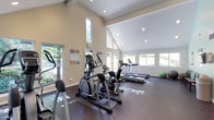 This fitness center is designed to provide a bright, motivating environment for exercise. The main workout area is defined by dramatic vaulted ceilings with exposed beams and a series of recessed lights, creating an open and airy atmosphere. Tall clerestory windows along the upper walls, combined with large lower windows on multiple sides, flood the space with natural light and offer pleasant views of mature trees and surrounding greenery.

The main exercise floor features dark, durable flooring and is outfitted with a comprehensive selection of cardio equipment, including multiple treadmills, elliptical cross-trainers, a stationary bike, and a rowing machine. Stability balls and additional accessories are neatly stored near the windows. Fitness reference charts and instructional posters are mounted on the walls throughout, providing workout guidance.

An adjoining anteroom, finished with soft green walls and an arched ceiling detail, serves as a transitional space and includes seating, a hand sanitizer dispenser, and a waste receptacle. This area connects directly to the main workout floor, where a dumbbell rack is also visible. French doors open to the outdoors, enhancing ventilation and reinforcing the connection to the natural surroundings.