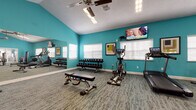 This fitness center is a thoughtfully designed, single-floor workout facility that offers a comprehensive range of exercise equipment to accommodate various training styles. The space is immediately distinguished by its bold teal accent walls, which create an energizing atmosphere complemented by patterned carpet flooring throughout.

The cardio area is well-stocked with treadmills, an elliptical trainer, a rowing machine, and a recumbent stationary bike, providing ample options for aerobic workouts. A wall-mounted flat-screen television is positioned for easy viewing during cardio sessions. The strength training section includes a multi-station cable machine, adjustable weight benches, and two full dumbbell racks offering a wide range of free weights. A dedicated shelf unit stores medicine balls and kettlebells for functional training.

Full-length mirrors along one wall enhance the sense of space and allow users to monitor their form during exercises. Ceiling fans are installed throughout to maintain air circulation, and large windows fitted with white blinds allow natural light to filter into the space. Glass-paned interior doors provide access to additional storage or adjacent areas. The facility is well-lit with overhead fluorescent lighting, ensuring a bright and functional environment for all types of workouts.