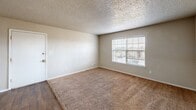 This single-story, 2-bedroom, 1-bathroom home in Lawton, Oklahoma offers a practical and functional layout. The combined kitchen and living room serves as the heart of the home, featuring hardwood-style flooring throughout. The kitchen is equipped with white cabinetry, a black electric range, a black refrigerator, and a distinctive mosaic tile-topped pass-through counter that connects it to the living area — a standout design element that adds character and convenience. The living room is generously sized with neutral carpet and a wide window fitted with blinds that allows natural light to brighten the space. Both bedrooms are carpeted and finished with neutral-toned walls and textured ceilings. The primary bedroom is notably spacious and features two large bi-fold closets and a window offering outdoor views. The second bedroom also provides comfortable space with its own closet access. The full bathroom includes a tub/shower combination with white tile surround, a toilet, and a vanity with a speckled countertop and mirror, all set on hardwood-style flooring. A hallway connects the bedrooms and bathroom, rounding out this well-organized and move-in-ready home.