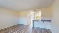 Located at 744 Spring West Rd in Orlando, Florida, this single-floor unit offers a practical and well-appointed layout designed for comfortable everyday living. The open living area is finished with durable wood-style flooring and neutral warm tones throughout, creating a clean and inviting atmosphere. A window allows natural light to fill the space, while a front entry door provides easy access.

The kitchen is efficiently designed and connected to the living area via a pass-through bar with granite countertops, offering both functionality and an open feel. White cabinetry provides ample storage, and the kitchen is equipped with a gas range and overhead ventilation hood, along with a stainless steel sink set into the granite counter surface.

A carpeted bedroom features a large sliding glass door that opens to an outdoor view of lush greenery, flooding the room with natural light. The bedroom's neutral palette and soft carpet make it a comfortable retreat.

The bathroom is neatly finished with a wide vanity topped with granite-style counters, white cabinetry beneath, a large wall mirror, and wood-style flooring that continues the cohesive design of the unit. The textured ceilings are present in select areas, adding a classic residential touch to this straightforward and functional Orlando home.