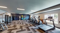 This fitness center offers a spacious, thoughtfully designed workout environment spread across a single floor. The room features a striking herringbone-patterned carpet in neutral tones of gray and brown, adding a modern aesthetic to the functional space. Recessed linear lighting fixtures are evenly distributed across the smooth ceiling, providing bright, uniform illumination throughout.

The cardio section is well-appointed with multiple treadmills, elliptical trainers, a rowing machine with an integrated display screen, and a stationary bike, all arranged to maximize floor space and ease of movement. Natural light filters in through several large windows, offering views of an outdoor area and contributing to an open, energizing atmosphere.

The strength-training zone includes a multi-station cable machine, a leg press, and additional resistance equipment positioned along a textured accent wall. A dedicated functional fitness area features a medicine ball rack stocked with colorful balls, stability balls, and a wall-mounted mirror, ideal for dynamic and flexibility-focused workouts.

The walls are finished in a combination of deep navy blue and neutral gray tones, creating a focused and motivating environment. The overall design balances functionality with a clean, contemporary aesthetic, making it a comprehensive facility suited for a wide variety of fitness routines.
