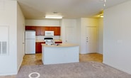 Unit 223 at 1800 Post Road in San Marcos, Texas is a single-story apartment designed for comfortable, everyday living. The open-concept kitchen serves as a central hub of the unit, featuring warm medium-tone wood cabinetry, light countertops, a double-basin sink set into a curved island peninsula, and white appliances including a refrigerator, electric range, and microwave. Tile flooring runs through the kitchen and entry areas, providing a durable and easy-to-clean surface. The living area near the front entry offers track lighting, built-in open shelving, and a glass door that brings in natural light. Bedrooms are carpeted and include ceiling fans, windows with exterior views, and closets with six-panel doors. One bedroom features dual windows for added natural light. The bathrooms are finished with warm tile flooring, a tub-shower combination with white tile surround, wood-toned cabinetry, and a vanity with a single sink. A dedicated in-unit laundry closet with washer/dryer hookups and overhead shelving adds practical convenience. Throughout the unit, neutral walls and consistent finishes create a clean, cohesive aesthetic suitable for a variety of living arrangements.