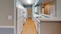 This single-floor residence offers a functional and comfortable layout across two bedrooms and two full bathrooms. The open living and dining area is a standout feature, finished with plush carpeting, crown molding, and a two-tone wall treatment that transitions from warm beige above to a cool light blue below, adding visual depth to the space. A sliding glass door floods the living area with natural light and provides direct access to the outdoors. The adjoining dining area flows seamlessly toward the kitchen via a columned pass-through opening.

The galley-style kitchen is efficiently designed with white cabinetry, light countertops, hardwood-style flooring, and a full suite of appliances. A window at the far end of the kitchen brings in additional natural light.

Both bedrooms are generously proportioned, each featuring soft carpeting, neutral wall tones, and windows that frame outdoor greenery. One bedroom includes a ceiling fan for added comfort.

The two bathrooms are finished with tile flooring, tub-shower combinations, and vanities with wide mirrors and ample counter space, providing practical storage and functionality throughout.