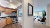 Located at 17W720 Butterfield Rd in Oakbrook Terrace, IL, this well-appointed one-bedroom, two-bathroom residence offers a thoughtfully designed single-floor layout. The open-concept living and dining area is bright and welcoming, featuring large sliding glass doors that flood the space with natural light and provide direct access to a private patio overlooking lush, tree-lined greenery. The living room offers comfortable proportions ideal for relaxed everyday living.

The kitchen is efficiently designed with warm wood cabinetry, dark granite countertops, stainless steel appliances including a range, microwave, and dishwasher, and durable hardwood-style flooring. A pass-through window connects the kitchen to the adjoining living area, enhancing the open feel.

The spacious bedroom accommodates a generous sleeping area with plush carpeting, a large window with views of the surrounding landscape, and a dedicated closet. The primary bathroom features a wide vanity with ample cabinetry, a mirror, and a separate wet area with a full tub and shower combination finished in clean white tile. A second full bathroom mirrors this functional design.

The entrance provides a smooth transition into the main living spaces, and the overall neutral color palette throughout creates a calm, cohesive ambiance.
