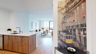 This well-appointed one-bedroom, one-bathroom residence in New Rochelle, NY offers a thoughtfully designed layout with modern finishes across a single floor. Light wood flooring flows throughout, complementing the clean, contemporary aesthetic of the space.

The open-concept living area is anchored by dramatic floor-to-ceiling windows that frame sweeping panoramic views of the New Rochelle skyline, filling the space with abundant natural light. The kitchen features sleek white upper cabinetry, warm walnut-toned lower cabinets, a white quartz peninsula with bar seating, stainless steel appliances including a gas range and refrigerator, and a subway tile backsplash — ideal for both everyday cooking and entertaining.

The bedroom is a comfortable retreat with large windows that continue the view experience, along with light wood floors and generous closet access. Two closets provide ample storage throughout the residence, while an in-unit laundry adds everyday convenience.

The bathroom is finished with marble-look wall tile, large-format floor tiles, a wooden vanity with an integrated sink, and a wide mirror with overhead lighting — delivering a clean, spa-inspired feel. The overall ambiance of the residence is bright, modern, and efficiently organized, making it an excellent urban living option in downtown New Rochelle.