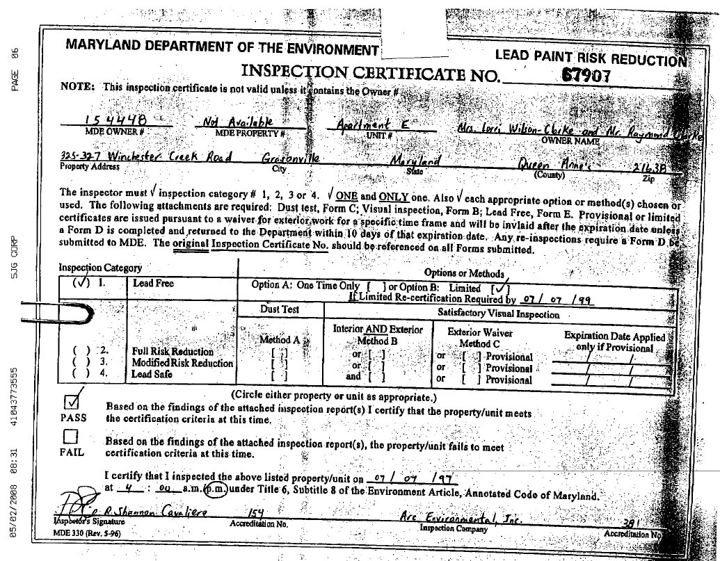 Lead Paint Certificate - 325 Winchester Creek Rd