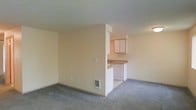 This single-floor space features an open-concept layout that connects the living area to the kitchen, creating a functional and cohesive floor plan. The living area is finished with low-pile gray carpet and painted in a warm, neutral cream tone, lending the space a clean and understated aesthetic. A floor vent provides climate control, and multiple electrical outlets are positioned along the walls for convenience.

The kitchen is partially separated by a half-wall partition, offering a degree of definition between the two spaces while maintaining visual openness. White cabinetry lines the upper portion of the kitchen, providing ample storage. The countertop is a light neutral tone, complementing the overall color palette. A sink is positioned along the far wall, and a white dishwasher is visible beneath the counter. The kitchen floor transitions to a hard surface, distinguishing it from the carpeted living space.

The ceiling is smooth and uniform throughout, with standard overhead lighting. The overall ambiance is simple, neutral, and move-in ready, offering a practical and versatile living environment well-suited to a variety of furnishing styles.