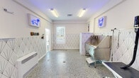 This purpose-built dog grooming studio is thoughtfully designed to combine professional functionality with a fun, welcoming aesthetic. The single-floor space is finished with a striking Art Deco-inspired geometric wallcovering that runs along the lower half of every wall, complemented by crisp white upper walls and bright fluorescent overhead lighting that ensures excellent visibility throughout.

The main grooming area features a stainless steel elevated bathing tub equipped with professional-grade plumbing fixtures and a step platform for easy pet access, alongside a hydraulic grooming table ideal for detailed finishing work. The dedicated utility area houses a water heater and filtration system, keeping all grooming operations fully self-contained. Plumbing fixtures and floor drains are integrated directly into the polished terrazzo-style epoxy flooring, which is both durable and easy to clean.

Adding personality to the space are glowing blue neon signs — including the playful "Scrubba Pup Pup" wall display — as well as framed neon dog silhouette artworks that lend a lively, branded character to the studio. A window along the front wall allows natural light to filter in. The overall ambiance is clean, bright, and energetic, striking an ideal balance between a professional grooming environment and an inviting, visually engaging space for pet owners and their companions.