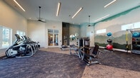 The Atwater Flowery Branch Fitness Center in Oakwood, GA offers a thoughtfully designed workout space that balances functionality with an inspiring aesthetic. The centerpiece of the facility is a striking floor-to-ceiling nature mural depicting layered mountain forests in muted greens and grays, wrapping around a key wall and creating an immersive, outdoorsy ambiance throughout the space.

The facility is generously proportioned, with soaring ceilings fitted with sleek linear LED light fixtures and pendant-mounted ceiling fans that ensure consistent airflow and bright illumination. Textured, patterned carpet flooring spans the entirety of the space, providing comfort and traction during workouts.

The cardio zone features treadmills, ellipticals, stair climbers, and stationary bikes, many positioned near large windows that allow abundant natural light and views of the outdoor pool and surrounding community. A dedicated strength training area includes selectorized cable machines, multi-functional weight benches, a squat rack, and tiered dumbbell racks. A full-length mirror wall expands the visual depth of the space and supports form-checking during exercises.

Additional functional training equipment includes medicine balls, kettlebells, TRX suspension trainers, and resistance tools, neatly organized on dedicated racks. A brick accent column and circular decorative mirrors add architectural character near the entry corridor.