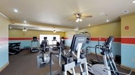 The fitness center is a single-floor facility designed to support a well-rounded cardio workout routine. The room is outfitted with an array of True-brand exercise equipment, including elliptical trainers, treadmills, and stationary bikes, arranged to allow comfortable movement between machines. The layout provides ample floor space for users to exercise without feeling cramped.

The interior features a colorful color scheme, with yellow upper walls accented by a bold red horizontal stripe and light blue lower walls, lending the space an energetic and motivating atmosphere. Recessed lighting and ceiling fans with integrated light fixtures illuminate and ventilate the room efficiently, ensuring a comfortable environment during workouts.

Natural light filters in through windows along one wall, adding brightness and a connection to the outdoors. The flooring consists of a durable, textured carpet with protective rubber mats placed beneath the equipment to safeguard the surface. The overall ambiance is clean, functional, and welcoming, making it a practical space for residents or guests looking to maintain their fitness routines.