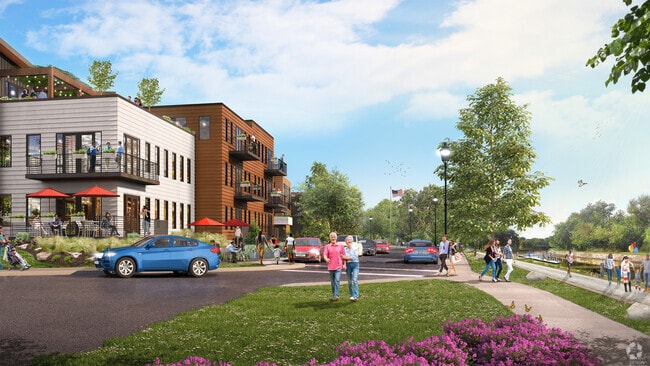 Artist's rendering of buildings facing the canal and future dock/boat launch - Westport Crossing