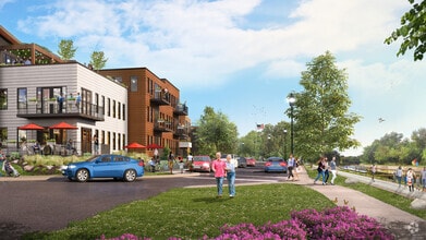 Artist's rendering of buildings facing the canal and future dock/boat launch - Westport Crossing