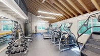 Located at 100 Queen Anne Dr in Weymouth, MA, this amenity facility offers a well-appointed fitness center complemented by inviting outdoor recreational spaces. The exercise room is a standout feature, showcasing soaring vaulted ceilings with exposed wood beam rafters that lend a warm, airy character to the space. Large windows along the walls flood the interior with natural light and provide pleasant views of the surrounding tree canopy. The room is outfitted with a comprehensive selection of cardio equipment, including multiple treadmills and elliptical machines, as well as free weights, kettlebells, and a cable machine, making it suitable for a wide range of fitness routines. A dedicated hallway area features built-in metal lockers and additional storage, offering a convenient transition space before and after workouts. Outside, the property opens onto a spacious pool deck surrounded by mature trees and manicured landscaping. The outdoor area includes a generously sized swimming pool with a surrounding concrete patio furnished with lounge chairs and shaded umbrella seating, ideal for relaxation. A white-railed deck extends from the fitness building, providing additional outdoor space that overlooks the pool and greenery. The overall ambiance is serene and resort-like, enhanced by the natural backdrop of Weymouth's lush landscape.