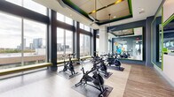 Located at Post Oak Park in the heart of Houston, TX, this dedicated exercise room is a well-appointed spin studio designed for focused, high-energy workouts. The space features soaring ceilings with a striking coffered detail accented in bold green, lending a dynamic, modern aesthetic throughout.

Floor-to-ceiling windows line an entire wall, flooding the room with natural light and offering panoramic views of the Houston skyline — an inspiring backdrop for every workout. Light wood-look flooring runs throughout, complementing the cool gray walls and vibrant green accent trim that define the room's contemporary design language.

Multiple stationary spin bikes are arranged across the studio floor, each positioned on individual floor mats for stability. Large wall-mounted mirrors with green-framed accents visually expand the space and allow users to monitor their form during exercise. A flat-screen TV is centrally mounted, ideal for guided cycling sessions or entertainment. Ceiling fans provide additional airflow throughout the room.

Built-in bench seating upholstered in chartreuse lines the window wall, offering a convenient spot for stretching or transitioning between exercises. Stability balls and additional fitness accessories are also available within the space. The overall ambiance is energetic yet polished, combining functional fitness design with an elevated, boutique studio atmosphere.