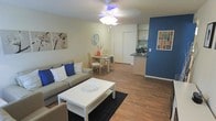 This single-floor space showcases an open-concept layout that seamlessly connects the living, dining, and kitchen areas into one cohesive and functional environment. The living area is anchored by warm hardwood-style flooring that extends throughout, complemented by neutral-toned walls and a striking deep blue accent wall that adds a bold visual focal point to the space.

The living area provides comfortable room for seating and features a ceiling fan with a light fixture that serves as a central overhead lighting source. A dark area rug grounds the seating arrangement, which faces a clean white coffee table. Adjacent to the living space, a compact dining area accommodates a small table and chairs, suitable for casual dining.

The kitchen is accessible via a raised bar-height counter, partially visible from the main living area, offering a pass-through connection that enhances the open feel. Upper cabinetry in a light finish provides storage, and the kitchen space appears efficiently designed. The overall ambiance is bright, clean, and modern, with a cohesive blue-and-neutral color palette lending the space a fresh, inviting character.
