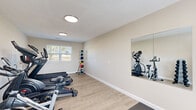 This dedicated fitness room offers a thoughtfully arranged workout space designed to support a well-rounded exercise routine. The room features light hardwood-style flooring throughout, with a gray exercise mat area designated for floor-based workouts and stretching. Neutral beige walls and flush circular ceiling lights create a clean, bright atmosphere that keeps the space feeling open and energetic.

Cardio equipment is a central focus, with two treadmills equipped with individual display screens positioned along one wall, alongside a stationary spin bike and an elliptical trainer. A large wall-mounted mirror on one side reflects the equipment and visually expands the room, making it easier to monitor form during workouts. A dedicated free weights section includes a tiered dumbbell rack stocked with hex dumbbells in multiple weights, paired with an adjustable workout bench set atop a protective mat. A vertical medicine ball rack lined with color-coded balls of varying weights adds versatility for functional training exercises.

Natural light enters through shuttered windows that offer views of the surrounding greenery, contributing to an inviting and motivating environment. A keyed entry door provides convenient direct access. The room is served by ceiling ventilation and is efficiently organized to maximize usable floor space without feeling cluttered, making it a practical and functional fitness facility.