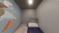 This single-room dog spa is thoughtfully designed to provide a functional and welcoming grooming experience for pets. The centerpiece of the space is a built-in dog wash station featuring a white basin with a drain, a handheld sprayer, and a tiled surround finished in elegant grey stacked tile. A non-slip rubber mat is positioned in front of the wash station, prioritizing safety during use. The flooring throughout is wood-look tile, offering a clean and durable surface that is easy to maintain. One wall serves as a striking focal point, adorned with a large, colorful mural depicting a cheerful dog surrounded by soap bubbles, with the words "Dog Spa" rendered in bold, playful typography — lending the space a fun and inviting character. The remaining walls are finished in a neutral grey tone, complementing the overall design. A glass-paneled door provides access to the adjoining area, allowing for easy flow between spaces. Open shelving near the entry offers convenient storage for grooming supplies and towels. Overhead, flush-mounted ceiling lighting ensures the space is well-lit. The room is compact yet efficiently laid out, making it a practical and charming amenity for pet owners.