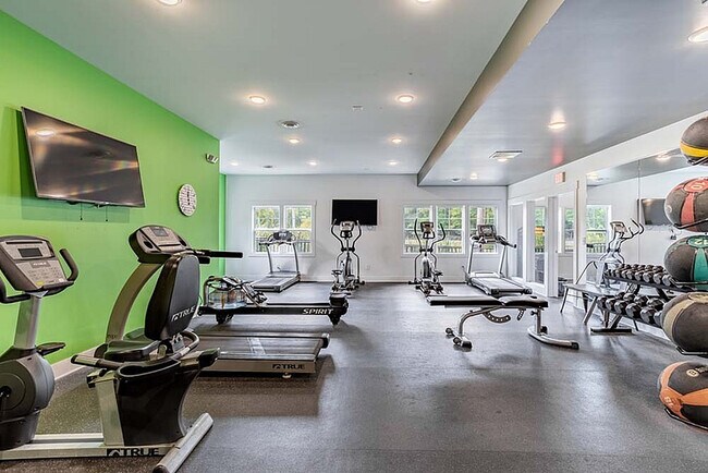 Modern and vibrant gym with bright green accents, equipped with treadmills, exercise bikes, and strength training equipment, offering a dynamic workout space with ample natural light. - Aspen Lakes