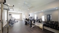 Located at 100 Lake Clair Place in Fayetteville, NC, this fitness center offers a well-appointed workout environment designed to support a range of exercise routines. The single-story space features light-toned walls and recessed lighting complemented by multiple ceiling fans, which help maintain airflow and comfort throughout sessions. Large windows along the perimeter allow natural light to fill the room, creating an open and energizing atmosphere. Full-length mirrors are mounted along one wall, visually expanding the space and providing users with real-time feedback during workouts. The flooring consists of durable, dark rubberized material suited for heavy equipment and high-traffic use. The facility is outfitted with a solid selection of strength-training machines, free weights, a stability ball, and cardiovascular equipment including a treadmill and elliptical-style machines. The layout is thoughtfully organized, providing ample room to move between stations without feeling cramped. Overall, the space presents a clean, functional, and well-maintained environment suitable for a variety of fitness levels and workout styles.