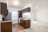 This single-floor residence offers a thoughtfully designed layout that balances functionality with comfort. The galley-style kitchen is a standout feature, outfitted with rich dark espresso cabinetry extending to the ceiling for ample storage, granite-style countertops, and a full suite of stainless steel appliances including an electric range, built-in microwave, refrigerator, and dishwasher. Wood-style flooring runs throughout the kitchen, adding warmth and contrast to the cabinetry. The kitchen receives natural light through a window at its far end, offering a bright and pleasant workspace. Adjacent to the kitchen, the open living area is finished with plush wall-to-wall carpeting and neutral tones, creating a versatile and welcoming space. A sliding glass door leads to a private balcony, framing views of the surrounding landscape and allowing generous natural light to fill the room. The bedrooms are well-proportioned, each featuring soft carpeting, large windows with blinds, and dedicated HVAC vents for individual climate control. The bathroom is finished with a granite-style vanity countertop, dark cabinetry, a large wall mirror, and a tub-shower combination, reflecting the same cohesive design language found throughout the residence. Overall, the space presents a clean, modern aesthetic with practical finishes.