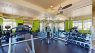 This single-level fitness center is designed to support a comprehensive workout experience, combining a wide range of equipment with an energizing aesthetic. The space is defined by bold lime-green walls, dark rubber flooring, and floor-to-ceiling mirrors that visually expand the room and allow users to monitor their form throughout their workout.

The cardio zone is equipped with multiple Cybex treadmills, an arc trainer, and an elliptical machine, all positioned along large windows that offer views of palm trees, desert landscaping, and surrounding hills, allowing natural light to pour in. Roller shades provide adjustable light control throughout the day.

The strength training area features a multi-cable functional trainer as the centerpiece, complemented by a full rack of dumbbells and a weight bench, catering to a variety of resistance training routines. A dedicated corner area houses a heavy punching bag and a stationary spin bike, alongside a step platform and a collection of stability and medicine balls, making it ideal for cross-training and functional fitness.

Overhead, ceiling fans with pendant-style fixtures provide air circulation and ambient lighting. The space opens via glass doors to an adjacent area, suggesting connectivity to broader amenity facilities. Overall, the fitness center delivers a dynamic, well-appointed environment suited for diverse training needs.