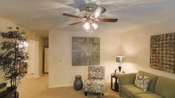 This single-floor living space presents a warm and inviting atmosphere through its carefully considered design elements. The living area serves as the heart of the home, featuring plush wall-to-wall carpeting in a neutral beige tone that adds softness underfoot and contributes to the room's overall warmth. Smooth, light-colored walls provide a clean backdrop that enhances the sense of openness throughout the space.

A central ceiling fan with a brushed nickel finish and wood-toned blades serves as both a functional and decorative focal point overhead, complemented by an integrated light kit that provides ambient illumination. The textured ceiling adds subtle visual interest to the room. A large abstract canvas artwork adorns one wall, adding a touch of color and personality to the neutral palette.

The layout allows for comfortable furniture arrangement, as evidenced by the accent chair, side table with lamp, and additional seating that create a welcoming conversational setting. A glimpse into an adjoining area reveals additional living space, suggesting a practical and connected floor plan. The overall ambiance is relaxed and comfortable, making this an ideal everyday living environment.
