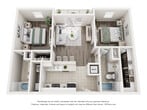 This 760 square foot apartment in West Lafayette, Indiana offers a practical and contemporary living space. The single-story layout comprises two bedrooms, two full bathrooms, and an efficiently designed kitchen and living area. The primary bedroom, measuring 150 square feet, provides ample space for comfort.

Throughout the apartment, modern finishes are evident. The flooring consists of sleek, wood-look laminate in the main living areas and bedrooms, while the bathrooms and kitchen feature durable tile. The neutral color palette of the walls creates a bright, airy atmosphere, complemented by natural light from the windows.

The kitchen showcases white cabinetry, stainless steel appliances, and a contrasting blue accent on the breakfast bar, adding a pop of color to the space. Both bathrooms are outfitted with white fixtures and vanities, maintaining a clean and fresh appearance.

Ceiling fans in the bedrooms offer additional comfort and air circulation. The apartment's layout, as seen in the 3D floor plan, demonstrates an efficient use of space, with a logical flow between rooms. This property presents a turn-key option for those seeking a modern, low-maintenance living space in a convenient location.