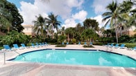 This single-story property offers a standout outdoor amenity in the form of a generously sized resort-style swimming pool, which serves as the focal point of the exterior. The pool features crystal-clear turquoise water framed by navy blue tile accents and a spacious surrounding deck finished in light-toned pavers. Rows of blue lounge chairs are arranged along the pool's edge, providing ample space for relaxation and sun exposure. The pool area is richly landscaped with tall, swaying palm trees and dense tropical foliage that create a sense of privacy and a lush, vacation-like atmosphere. Potted plants and neatly trimmed hedges add structure to the outdoor space, while glimpses of the property's exterior building façade are visible through the greenery in the background. The overall ambiance of the outdoor area is bright, airy, and evocative of a warm tropical climate, making it a central leisure feature of the property. The interior spaces were not clearly visible in the available imagery, though the property spans a single floor.