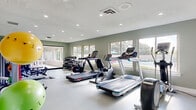 This single-floor fitness center offers a comprehensive and thoughtfully designed space for exercise and recreation. The main workout area is bright and open, with sage-green walls, a textured ceiling, and recessed lighting that keeps the space well-illuminated throughout the day. A row of large windows lines the walls, flooding the room with natural light and providing views of the surrounding outdoor landscape, including what appears to be a pool area. The flooring throughout the gym is a durable, smooth surface well-suited for fitness activity.

The cardio zone is generously outfitted with multiple treadmills, an elliptical trainer, a stationary bike, and additional cardio equipment, providing a variety of options for aerobic training. A dedicated free-weight station features a full rack of dumbbells in graduated sizes. Stability balls, resistance accessories, and exercise mats are neatly organized on wall-mounted racks, and a wall-mounted flat-screen television is available for entertainment during workouts.

A large glass partition wall separates the fitness area from an adjacent recreation room, which features a billiard table and expansive windows that bathe the space in sunlight. The facility also includes fully accessible restrooms equipped with stainless steel grab bars, a wall-mounted sink, and easy-clean tile flooring, ensuring comfort and accessibility for all users.