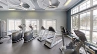 This fitness center is thoughtfully designed to support a comprehensive workout experience across multiple interconnected areas. The main cardio room is a standout space, featuring an ornate coffered ceiling with geometric octagonal details and a ceiling fan, giving the room an elevated, polished aesthetic uncommon in typical gym settings. Large multi-pane windows line the walls, flooding the space with natural light and offering views of the surrounding landscape. Matrix-brand treadmills, an elliptical trainer, and a stationary bike are arranged to take full advantage of the bright, airy environment.

Adjacent to the cardio area is a strength and free-weight zone, equipped with a tiered dumbbell rack, weight plates, and a wall-mounted flat-screen television for entertainment during workouts. Full-length mirrors extend along one wall, enhancing both the sense of space and functional use during exercise. A separate, dedicated room with light wood flooring provides a quieter area for stretching and functional training, stocked with stability balls in multiple sizes and a medicine ball rack. The entry area features a classic French door with glass panes, white trim, and hardwood flooring, connecting the zones with a cohesive, refined design throughout.