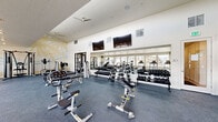 This generously sized fitness center offers a comprehensive workout environment across a single, open floor plan. The space is thoughtfully designed with high ceilings that create an airy, expansive atmosphere, complemented by large windows along the perimeter that flood the interior with natural light and provide views of the surrounding neighborhood.

The strength training area is extensively outfitted with multiple racks of dumbbells in a wide range of weights, adjustable benches, cable machines, and a multi-functional strength station — all arranged to maximize floor space and ease of movement. A full-length mirror wall runs along one side of the room, visually expanding the space while allowing users to monitor their form during workouts. Above the mirror, multiple flat-screen TVs are mounted for entertainment.

The cardio zone features a row of treadmills, elliptical trainers, a stair climber, and a stationary rowing machine, all positioned to take advantage of the natural light from the large windows. Additional accessories, including stability balls and a medicine ball rack, are neatly organized along the walls. A decorative tropical palm tree mural adds a distinctive visual accent. Ceiling fans provide supplemental ventilation throughout the space, and durable rubberized flooring ensures safety and comfort throughout the entire fitness center.
