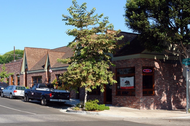 The California flag hangs in the window of a local restaurant.