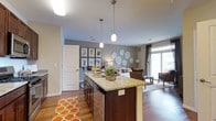 This single-floor space is designed around an open-concept layout that seamlessly connects the kitchen and living areas. The kitchen is anchored by a substantial center island topped with granite countertops in warm, neutral tones, complemented by rich dark wood cabinetry beneath. Pendant lights hang above the island, providing both task lighting and a stylish visual focal point. A patterned orange runner adds a pop of color to the kitchen floor.

The hardwood flooring extends throughout the space, creating a cohesive and warm aesthetic. Neutral gray walls serve as a versatile backdrop, enhanced by decorative wall art, including a botanical print gallery arrangement and a cluster of decorative plates. The living area flows naturally from the kitchen, furnished with comfortable seating and grounded by a area rug. Large windows along the far wall flood the space with natural light and offer views to the exterior, adding an airy, open feel. A floor lamp and layered décor elements contribute to the overall inviting and well-appointed ambiance of the space.