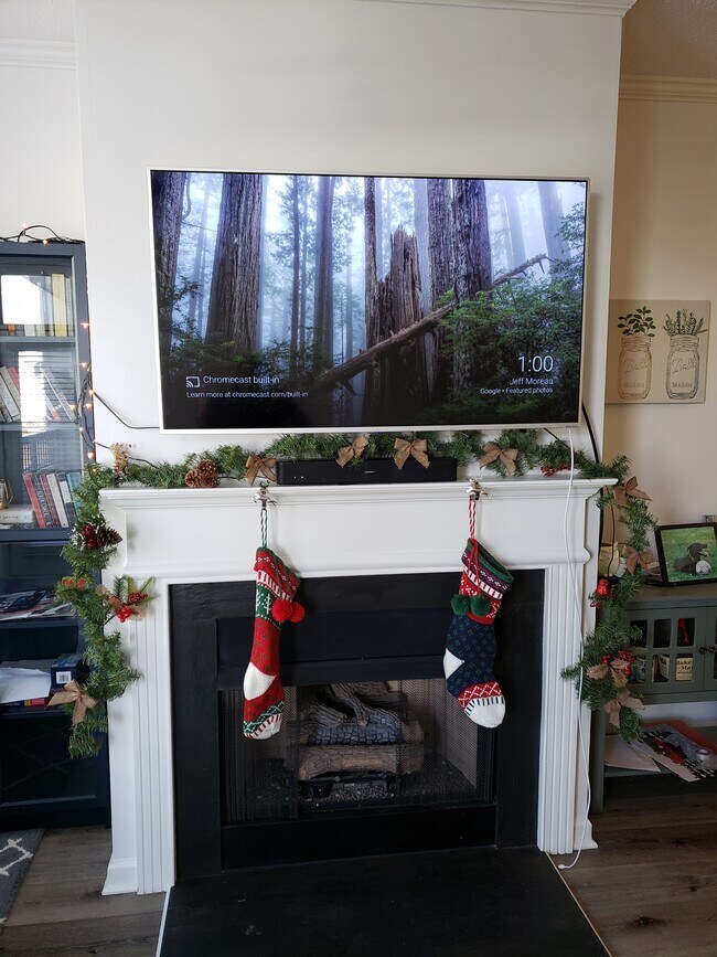 Living room + fire place + large TV - 405 W 7th St Apartment