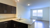This single-floor space showcases a thoughtfully designed open-concept layout that seamlessly connects the kitchen and living area. The kitchen is equipped with rich, dark-toned cabinetry that provides a striking contrast against the light granite countertops. A peninsula with a stainless steel sink extends into the space, offering both additional prep area and a natural division between the kitchen and the adjoining living area. A dishwasher is integrated beneath the counter, contributing to the kitchen's functional design.

The flooring throughout features sleek hardwood, adding warmth and continuity across the open plan. The living area benefits from a large window that invites natural light deep into the space, brightening the neutral walls and creating an airy atmosphere. Recessed and flush-mount ceiling lighting supplements the natural light, ensuring the interior remains well-illuminated throughout the day and evening. A wall-mounted HVAC unit is positioned beneath the window, providing efficient climate control. The overall aesthetic is clean and modern, with a cohesive palette of dark, light, and neutral tones throughout.
