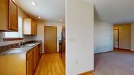 Located at 5371 Big Tyler Rd in Cross Lanes, West Virginia, this two-floor property offers a practical and comfortable layout with consistent finishes throughout. The kitchen is well-appointed with warm honey-toned wood cabinetry, dark stone-look countertops, a double-basin sink, and hardwood-style flooring that extends through the main living area. Stainless black appliances, including a refrigerator and range, are neatly integrated into the cabinetry layout. Recessed lighting and a textured ceiling provide a clean, functional ambiance. A partial wall divides the kitchen from the adjacent living space, which transitions to plush wall-to-wall carpeting. The living area is bright and open, with a door leading out to an exterior deck, allowing natural light to fill the space. A carpeted bedroom is positioned off the main area, featuring a window with blinds that brings in additional natural light. The bathroom is finished with neutral tile flooring, a pedestal-style sink, and a standard toilet, offering a clean and straightforward design. Oak-toned interior doors and warm wood baseboards are consistent throughout, tying the home's design elements together cohesively across both floors.