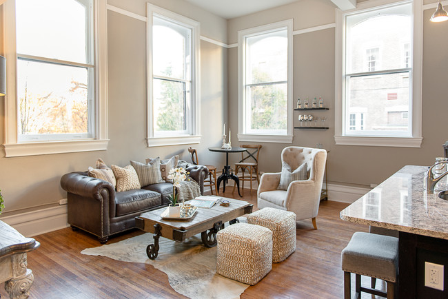 View of Typical Bright, Spacious Living Area & Kitchen with Breakfast Bar - 300 Alexander Apartments