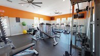 This fitness center is designed to support a comprehensive workout experience, combining a vibrant aesthetic with a well-organized layout of equipment. The space is defined by bold orange accent walls contrasted against white wainscoting and a white ceiling, creating an energetic atmosphere conducive to exercise. Multiple large windows line the walls, allowing natural light to flow in and offering views of the surrounding outdoor greenery. Two large ceiling fans circulate air throughout the room, contributing to a comfortable environment during workouts.

The flooring consists of durable, dark rubber matting that provides stability and safety across the entire space. The cardio section features a row of treadmills by True Fitness, along with elliptical machines and a stationary bike, all equipped with individual digital monitors. The strength training area includes Body-Solid selectorized machines for targeted muscle work, a cable crossover station, a power rack loaded with weight plates, and multiple adjustable benches. A dedicated free weight and functional training zone houses a rack of medicine balls in varying weights, stability balls, and additional benches for versatile exercises. Wall-mounted mirrors expand the visual space and allow users to monitor their form. A wall-mounted television is also present for entertainment during workouts.