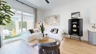 Located in Surprise, AZ, this thoughtfully designed one-bedroom, one-bathroom residence offers a cohesive modern aesthetic with clean lines and a warm, neutral palette throughout. The open-concept living room is bright and welcoming, featuring light wood-style flooring, a ceiling fan, and a large sliding glass door that floods the space with natural light while providing direct access to a private outdoor area with a lush green turf lawn. The kitchen is well-appointed with shaker-style cabinetry in crisp white and soft gray tones, quartz countertops, stainless steel appliances, and a window above the sink that keeps the space bright and airy. The bedroom offers a serene retreat, highlighted by a striking four-poster canopy bed frame, large windows with natural light, and a dedicated closet for ample storage. The bathroom features a clean, modern design with white cabinetry, matte black hardware, a glass-enclosed shower-tub combination, and wood-look flooring that ties seamlessly into the rest of the home. Throughout the residence, matte black accents provide a sophisticated contrast against the predominantly white walls, creating a stylish and cohesive interior that balances contemporary design with functional everyday living.