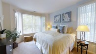 This single-floor bedroom is designed with comfort and tranquility in mind. The room's most prominent architectural feature is a large bay window fitted with vertical blinds, which floods the space with natural light and frames a lush, green outdoor view, creating a seamless connection with the surrounding landscape. The walls are painted in a soft, pale blue-grey on the accent wall behind the bed, complemented by warm cream tones throughout the rest of the room, contributing to a serene and cohesive color palette. Plush wall-to-wall carpeting in a neutral beige tone adds warmth and comfort underfoot. The bedroom comfortably accommodates a generously sized bed dressed in soft yellow and white linens, accented with blue and cream decorative pillows. Two botanical-style canvas artworks hang above the headboard, reinforcing the room's nature-inspired aesthetic. A bedside lamp provides warm ambient lighting. A small textured stool near the bay window adds a practical yet decorative touch. Overall, the space exudes a calm, airy atmosphere with thoughtful design details.