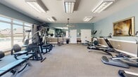 The fitness center at 345 Stone Park Blvd in Pike Road, Alabama, offers a well-appointed single-floor exercise space designed to support a comprehensive workout routine. The room features soft blue-gray walls accented by white wainscoting, giving the space a clean and inviting atmosphere. Recessed and overhead fluorescent lighting ensures the entire area is well illuminated throughout the day.

The cardio section is equipped with multiple treadmills, elliptical trainers, a stationary bike, and a recumbent bike, all arranged to allow comfortable spacing between machines. A wall-mounted flat-screen television is positioned for easy viewing during workouts. The strength training area includes a multi-station cable and weight machine, a free-weight rack with dumbbells, and a weight bench, providing options for full-body resistance training.

Large windows along one wall allow natural light to fill the space and offer views of the outdoor surroundings, including what appears to be a patio or pool area. A large mirror reflects additional light and helps users monitor their form. Neutral-toned carpet tile covers the floor throughout, and a ceiling fan adds to the comfort of the space. Decorative framed artwork adds a polished finishing touch to the overall environment.
