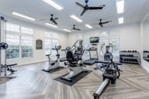 Located at 3812 NW Barry Rd in Kansas City, MO, this fitness center offers a thoughtfully designed single-floor space dedicated to comprehensive exercise and wellness. The interior is finished with light-toned herringbone-patterned flooring throughout, lending a clean, modern aesthetic that complements the bright white walls and crisp trim.

Natural light pours in through multiple large windows positioned along the perimeter walls, providing views of the surrounding outdoor greenery and creating an open, airy atmosphere. The ceiling features multiple black ceiling fans alongside recessed and panel lighting, ensuring consistent airflow and visibility across the entire space.

The cardio area is well-stocked with treadmills, ellipticals, stationary bikes, a rowing machine, and a stair climber. A wall-mounted flat-screen television is positioned for easy viewing during workouts. On one side of the room, a full-length mirror wall visually expands the space while providing functional feedback for form and technique.

The strength training section includes a multi-functional cable machine, a dedicated free weight area with tiered dumbbell racks, and a weight bench. An additional support area with storage and utility fixtures is accessible from the main floor. Overall, the space delivers a professional, well-maintained environment suited for a wide range of fitness activities.