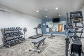 This fitness center offers a well-organized and fully equipped workout space designed to support a range of exercise routines. The room features a clean, modern aesthetic with crisp white walls accented by a bold slate-blue feature wall, which anchors a large floor-to-ceiling mirror that visually expands the space and aids in form monitoring during workouts. A flat-screen television is mounted above the mirror, providing entertainment during cardio sessions.

The flooring throughout consists of stylish herringbone-patterned carpet tiles in a neutral gray tone, adding both texture and durability underfoot. Recessed ceiling lights provide bright, even illumination across the entire room.

The cardio equipment lineup includes Matrix-brand treadmills, an elliptical trainer, and a spin bike, catering to a variety of aerobic training preferences. Strength training is supported by a multi-tier dumbbell rack stocked with a range of free weights, along with an adjustable workout bench. A small fan is also present for added comfort during intense sessions.

Climate is managed via a wall-mounted unit, and baseboard heating runs along the lower walls. A wood-framed entry door provides access to the room. A defibrillator unit is mounted on the wall, reflecting a commitment to safety. The overall ambiance is clean, functional, and inviting for daily fitness use.