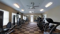 This single-floor fitness center offers a thoughtfully arranged workout space designed to accommodate a range of exercise needs. The room is laid out with strength-training cable machines and benches along one side, while elliptical trainers and cardio equipment line the opposite side, creating clear, defined workout zones that allow for comfortable movement throughout the space.

The flooring consists of a two-tone checkered rubber tile pattern in brown and tan, providing both durability and traction underfoot. Two ceiling fans are mounted overhead, promoting air circulation throughout the room and contributing to a comfortable workout environment. Recessed and surface-mounted fluorescent light fixtures supplement the natural light that enters through multiple windows positioned along the walls, keeping the space bright and well-lit.

A large mirror spans one wall near the entrance, visually expanding the room and allowing users to monitor their form during exercise. The neutral beige walls and light gray ceiling create a clean, utilitarian aesthetic. A glass-panel door at the far end provides additional natural light and contributes to an open, airy feel within the facility.