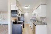 Located at 5955 Edinburgh St in Canton, MI, this one-bedroom, one-bathroom unit offers a well-organized single-level layout with a thoughtful mix of comfort and functionality. The galley-style kitchen is efficiently designed with white shaker cabinetry, grey marble-look countertops, a stainless steel sink, and a full suite of stainless steel appliances including a refrigerator, electric range, dishwasher, and over-the-range microwave. Light wood-style flooring runs through the kitchen, entrance, hallway, and living and dining areas, lending a clean, cohesive aesthetic. The combined living and dining space is bright and open, anchored by a sliding glass door dressed with vertical blinds that allows natural light and outdoor views. The bedroom offers plush carpeting, a window with vertical blinds, and ample storage via two closets. A second closet is accessible from the hallway for additional storage. The bathroom features a soaking tub with elegant marble-patterned tile surround in soft grey and beige tones. Textured ceilings are present throughout, adding a classic residential touch. The entrance leads naturally into the main living areas, creating a comfortable and intuitive flow throughout the space.