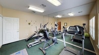 This fitness center offers a functional and well-organized workout environment designed to support a variety of exercise routines. The room is finished with green carpeting and warm beige walls, creating a comfortable and energizing atmosphere. Large windows along one wall are fitted with white horizontal blinds, allowing natural light to filter in while providing views of the surrounding outdoor greenery.

Full-length mirrors are mounted along two walls, visually expanding the space and allowing users to monitor their form during workouts. Overhead fluorescent lighting supplements the natural light, ensuring the room remains bright throughout the day.

The cardio equipment selection includes treadmills, an elliptical trainer, and a stationary bike, offering users a range of options for cardiovascular exercise. A weight bench and ab roller are also available for strength and core training, complemented by a stability ball for flexibility work. Wall-mounted hooks provide convenient storage for accessories and small equipment.

The room is accessed through a standard six-panel door, and the layout is efficient, making good use of the available floor space. Overall, this fitness center provides a practical and well-lit environment suited for daily exercise.