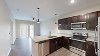 Located in Coralville, Iowa, this thoughtfully designed one-bedroom, one-bathroom unit offers a efficient and modern living experience across a single floor. The open-concept kitchen is a standout feature, showcasing rich dark cabinetry, white subway tile backsplash, granite-style countertops, and a full suite of stainless steel appliances including a refrigerator, electric range, microwave, and dishwasher. A peninsula with a double-basin sink and stylish pendant lighting above creates a natural transition into the living area, which is brightened by a sliding glass door leading to an outdoor space and is topped with a ceiling fan for added comfort. Wood-style luxury vinyl plank flooring runs throughout, adding warmth and cohesion to the space. The bedroom is a comfortable, well-proportioned retreat featuring a ceiling fan, a large window with outdoor views, and neutral wall tones. A hallway connects the bedroom to a dedicated closet and a full bathroom, which features dark cabinetry, granite-style countertops, and a well-lit vanity mirror. Clean white trim, recessed lighting, and a neutral color palette give the entire unit a fresh, contemporary feel.