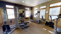 This dedicated fitness room offers a practical and functional space designed to support a well-rounded workout routine. The room is outfitted with professional-grade Precor strength training equipment, a treadmill, and a rowing/recumbent machine, providing users with a variety of cardiovascular and resistance training options. A large wall-to-wall mirror runs along one side of the room, enhancing the sense of space and allowing users to monitor their form during exercise. The interior features a neutral-toned carpeted floor, recessed ceiling lighting, and a two-tone color scheme with a bold dark accent wall contrasting against warm beige walls. Multiple windows with wood-trimmed frames and horizontal blinds line the exterior walls, allowing natural light to filter in while maintaining privacy. The windows also offer views of the surrounding greenery, creating a pleasant and motivating atmosphere. The layout is thoughtfully arranged to maximize usable floor space while keeping equipment accessible. Overall, this fitness room provides a clean, well-lit, and well-appointed environment suitable for a range of exercise needs.