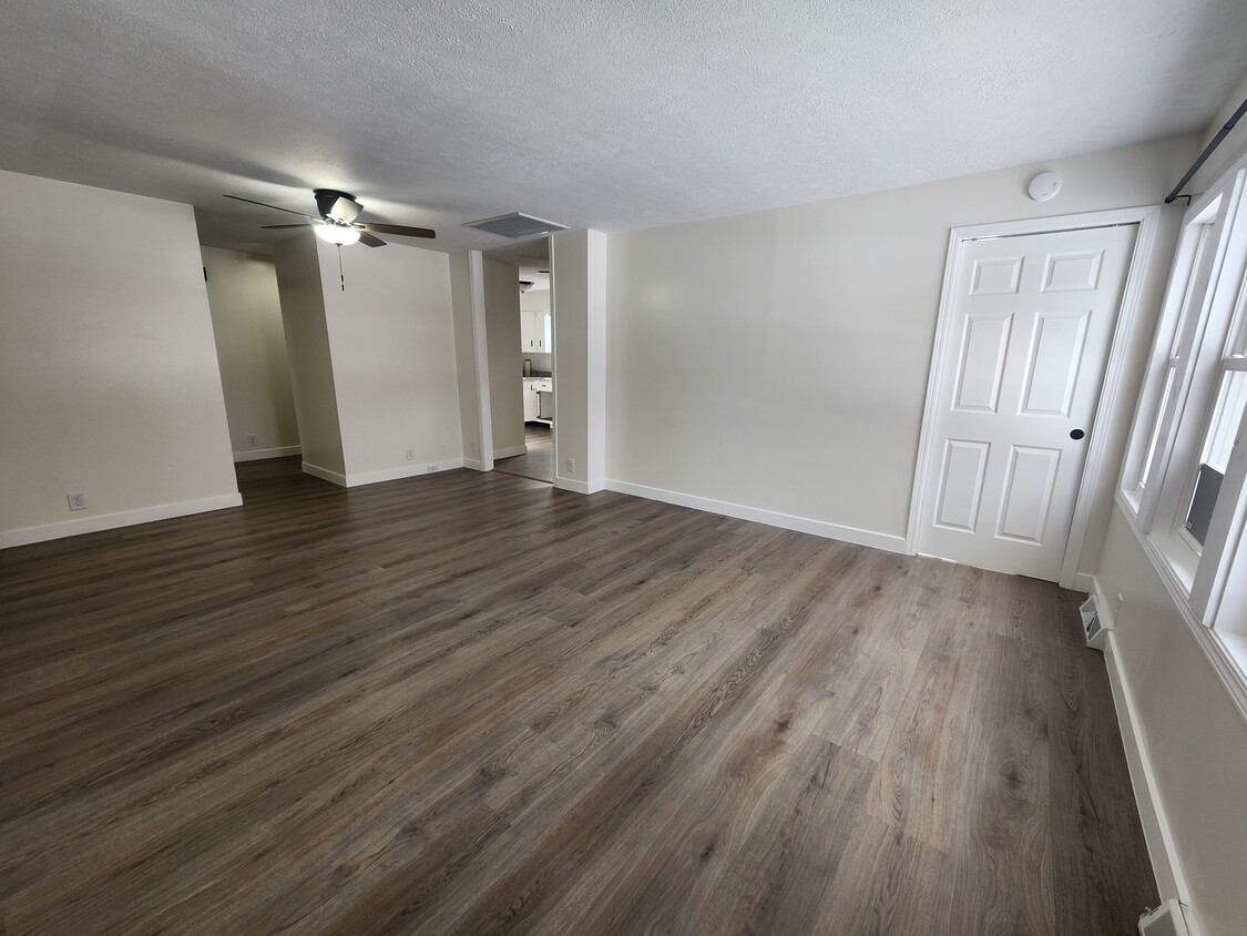 Living room from the front entry (bathroom to the left, kitchen in the middle, bedroom to right) - 905 Woodmere Dr